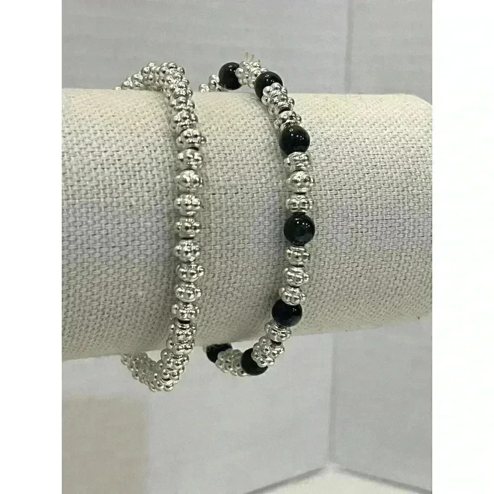 2 Silver Tone Design Stretch Expandable Beaded Bracelets Eye-catching